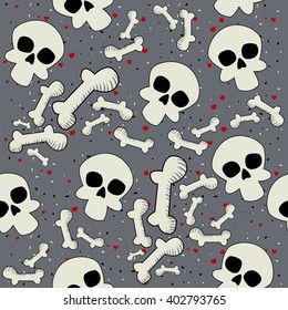 Seamless pattern of different skulls on gray background for your designs on Halloween day.