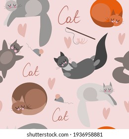 Seamless Pattern of different sleeping cats with hearts and words