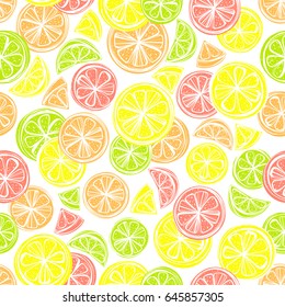 Seamless pattern with different slice citruses: grapefruit,lemon,lime,orange.Perfect for restaurant menu backdrop,healthy food concept,juice bar,cards and prints.Vector pattern with lemons and limes.