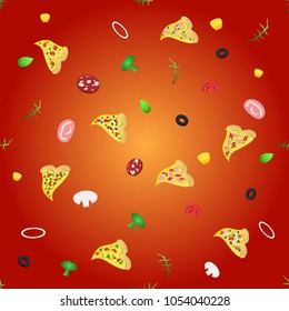 Seamless pattern with different slices of pizza and ingredients