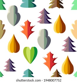 Seamless pattern with different sorts of stylized leaves made of folded bright paper. Assorted origami trees in endless texture.