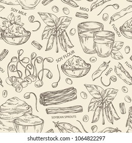 Seamless pattern with different soy products: soy flour, a glass of milk, sprouted soybeans and miso. Vector hand drawn illustration.