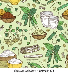 Seamless Pattern With Different Soy Products: Soy Flour, A Glass Of Milk, Sprouted Soybeans And Miso. Vector Hand Drawn Illustration.