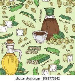 Seamless pattern with different soy products: soybean oil, tofu, soy sauce, soy meat and tempe. Vector hand drawn illustration.