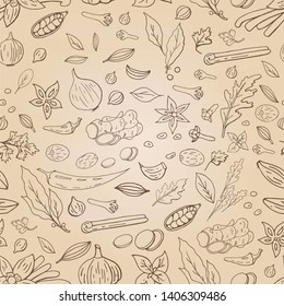 Seamless pattern with different spices on light beidge background. Asian (indian) spices collection.