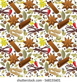 seamless pattern with different spices on white background