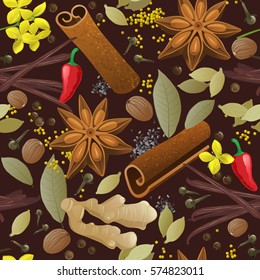 seamless pattern with different spices on dark background