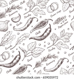 Seamless pattern with different spices. Vector illustration for your design