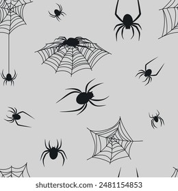 seamless pattern with different spiders and cobweb