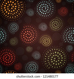 Seamless pattern with different spiral ornate on the brown background.