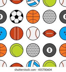Seamless pattern with different sport balls. Flat icons and objects.