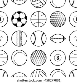 Seamless pattern with different sport balls. Flat icons and objects.