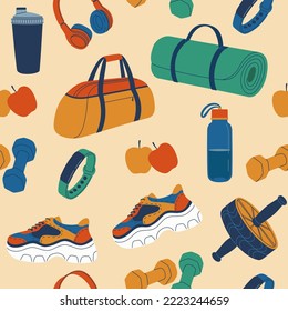 Seamless pattern with different sport equipment. Sport bag, mat, sneakers, water bottle, dumbbells, fitness tracker, shaker. Hand drawn flat vector illustration isolated on color background.