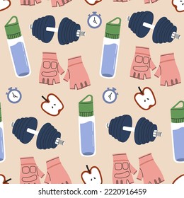 Seamless pattern of different sport inventory and accessories. Bottle with water, gloves, dumbbell, timer, half an apple. Hand drawn vector illustration isolated on background. Flat style.