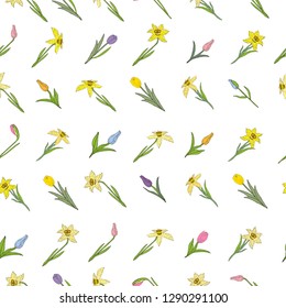 Seamless pattern with different spring flowers. Tulips and daffodils. Individual elements isolated on a white background. Vector hand drawing illustration.