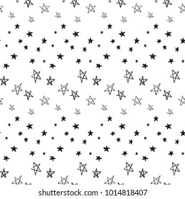 seamless pattern with different stars. Black card simple star illustration on white background in hand drawn hipster style.