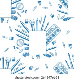Seamless pattern different stationery, pencil, brush, watercolor paints, pen, eraser, magnifying glass frame vector. Hand drawn blue objects background. Education Back to School. Wrapping fabric decor