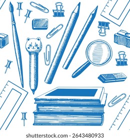 Motif harmonieux papier à lettres, crayon, brosse, livres, stylo, gomme, Image vectorielle loupe. Arrière-plan objets bleus dessinés à la main. Éducation Concept de rentrée scolaire. Fournitures Emballage, décor tissu