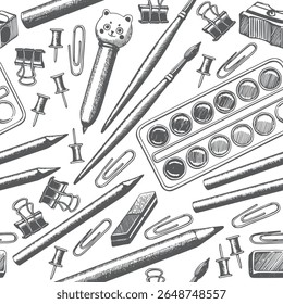 Seamless pattern different stationery, pencil, brush, watercolor paints, pen, eraser, magnifying glass vector. Hand drawn grey objects background. Education Back to School. Wrapping, fabric decor