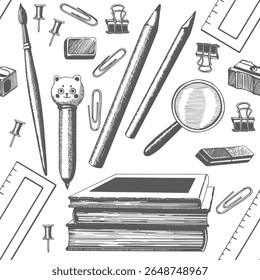 Seamless pattern different stationery, pencil, brush, books, pen, eraser, magnifying glass vector. Hand drawn grey objects background. Education Back to School concept. Supplies Wrapping, fabric decor