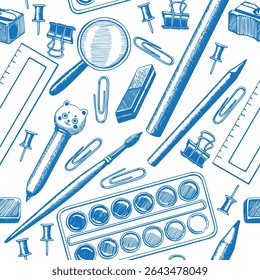 Motif harmonieux différents articles de papeterie, fournitures, crayon, brosse, peintures à l'aquarelle, stylo, gomme, Image vectorielle de loupe. Arrière-plan objets bleus dessinés à la main. Éducation Retour à l'école. Emballage, tissu