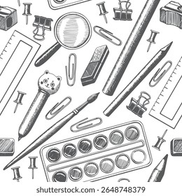 Seamless pattern different stationery, supplies, pencil, brush, watercolor paints, pen, eraser, magnifying glass vector. Hand drawn grey objects background. Education Back to School. Wrapping, fabric