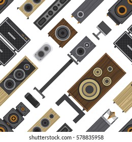 Seamless pattern of different stereo acoustic systems. Speaker systems for listening high definition audio. Amplified monitors and subwoofers. Small computer speakers and high end loudspeakers.