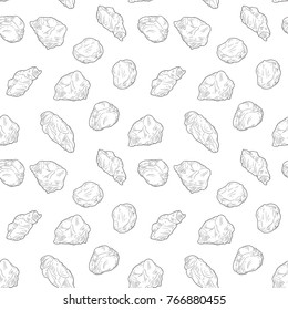Seamless pattern with different stones in cartoon sketch style. Hand drawn vector illustration isolated on white background.