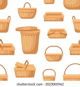 Patrón sin soldadura con diferentes cestas de mimbre de paja de varias formas sobre fondo blanco. Repetidas escenas con una estética realista. Ilustración vectorial plana del embalaje para la impresión