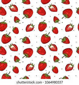 Seamless pattern with different strawberries. Colorful vector illustration in sketch style.