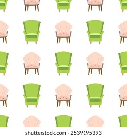 seamless pattern with different stylish armchairs, trendy print with furniture elements, vector texture for textile, postcard, packaging, print cover