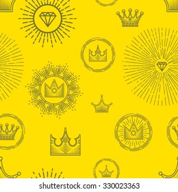 Seamless pattern with different stylized crowns and precious stones on yellow background. Elegant linear graphic design. Vector illustration.