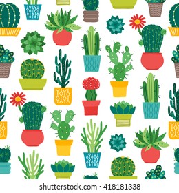 Seamless pattern with different succulents in pots. Perfect for Mexican decorations, wallpaper, gift paper, textile, web page background, botanical books. Vector illustration.
