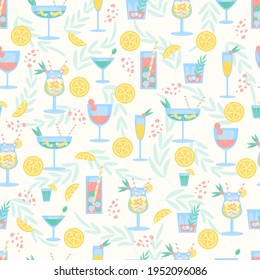 Seamless pattern with different summer cocktails. For party, pub, restoraunt or club menu, decoration or textil. fresh and cold alcohol coctail. Vector illustration.