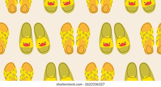 Seamless pattern with different summer cute slippers. Endless texture with fashionable and stylish home shoes for printing. Colored flat vector illustration.