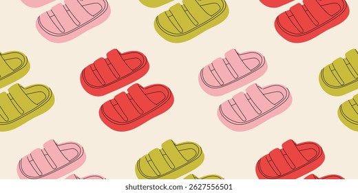 Seamless pattern with different summer cute green, pink, red beach slippers. Endless texture with fashionable and stylish home shoes for print. Colored flat vector illustration.