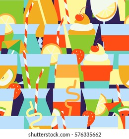 Seamless pattern with different summer refreshing drinks and cocktails. Vector illustration