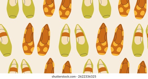 Seamless pattern with different summer types of modern fashionable women's shoes. Endless texture with trendy and stylish home shoes for printing. Colored flat vector illustration.