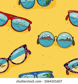 Seamless pattern with different sunglasses. Glasses with mirror glass and reflection of the sun, sea and sky and mountains. Vector illustration in sketch style.