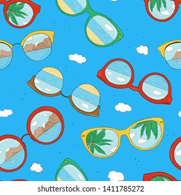 Seamless pattern with different sunglasses on blue background. Glasses with mirror glass and reflection of the sun, sea, sky and mountains. Colorful vector illustration in sketch style.