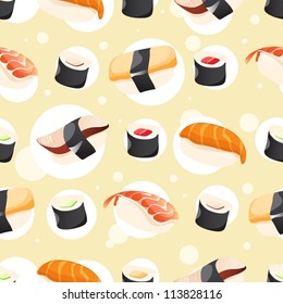 Seamless Pattern with different sushi on yellow background. vector illustration