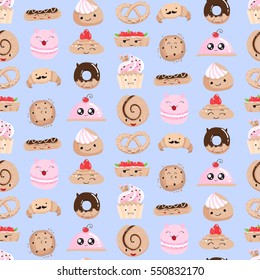 Seamless pattern with different sweet bakery. Vector illustration