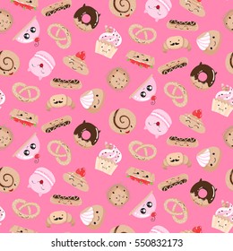 Seamless pattern with different sweet bakery. Vector illustration