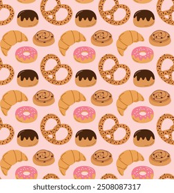 Seamless pattern with different sweet buns. Vector colorful background with bakery products in flat style	