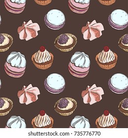 Seamless pattern with different sweet cakes on brown background, vector illustration