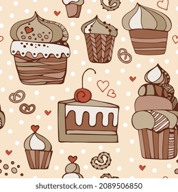 Seamless pattern with different sweet cupcakes on dot background.
