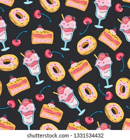 Seamless pattern with different sweet and delicious food. Vector illustration of a pie or a cake, ice black background.