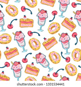 Seamless pattern with different sweet and delicious food. Vector illustration of a pie or a cake, ice cream doughnut and a cherry on a white background.