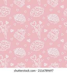 Seamless pattern with different sweet icons. Cute doodle illustration with cookies and cakes and hearts.
