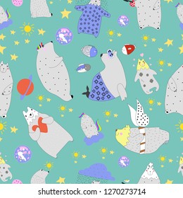 Seamless pattern. Different sweet, kind bears simple style. Green background. Vector